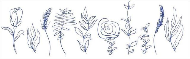 Abstract botanical elements for design. Field grass and flowers. Branches with leaves, roses and peonies. Minimalism. Linear drawing vector