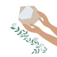 Envelope in hand. Inside is a letter, a branch with leaves. A symbol with a message about the beginning of spring, vector