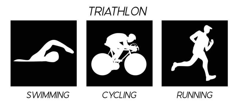 Triathlon. Silhouettes of athletes. Competition in swimming, cycling and running.