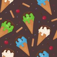 Seamless vector pattern of Ice Cream. Balls of different colors of melting ice cream in a waffle cone. Dark chocolate, straws, cherries, cookies and sweet sprinkles