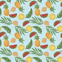 patrón sin costuras con frutas tropicales y hojas de palma. rodajas de sandía y naranja, piña vector