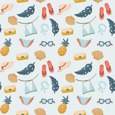 Seamless pattern with summer things and objects. beach accessories with bathing suit, flip flops and sunglasses.