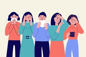 A group of people with the first signs of illness. Symptoms of a viral or cold illness. Vector flat characters with headache, cough and runny nose and high fever