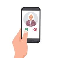 A hand holds a smartphone with an incoming call. Portrait of a person from contacts on the phone screen. Mobile applications and Internet technology vector