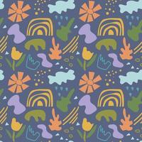 Seamless abstract pattern of simple organic shapes and lines. Natural botanical elements, flowers, rainbows vector