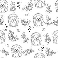 Seamless pattern with animals. Cute hedgehog and botanical elements of branches with leaves. Ornament line art vector