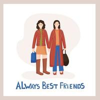 Best friends forever. Vector characters holding hands. Walking and shopping together. Street casual fashion