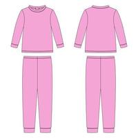 Childrens cotton sweatshirt and pants. Apparel pajamas technical sketch. Kids outline nighwear design template. Pink colors. vector