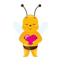 Cute bee holding a heart in his hands isolated on white background. Smiling cartoon character loving. vector