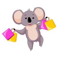 Cute koala going shopping isolated on white background. Cartoon character with packages. vector