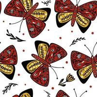 Seamless pattern with butterflies and flowers in folk style. Butterfly endless wallpaper. Cute flying insect print. Animal folklore motif. vector