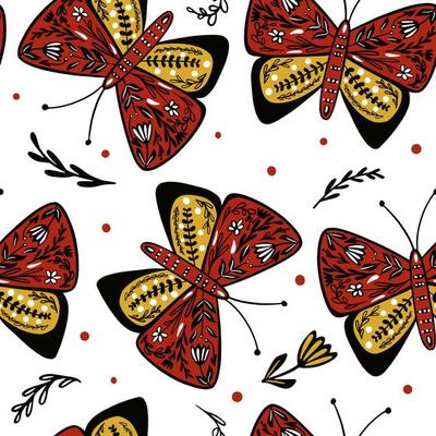Seamless pattern with butterflies and flowers in folk style. Butterfly endless wallpaper. Cute flying insect print. Animal folklore motif.