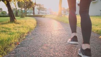 bild av kvinnliga ben bär sportlegging som springer inne i parken, vacker konditionsträning i solljus på morgonen, kvinna som joggar ensam, positiv energi, vältränad och stark kropp, låg vinkelbild bakifrån video