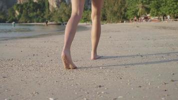 Female legs barefoot walking along the beach low tide calm waves, rear view of beautiful carefree lady walking, summer tropical island beach, relaxing walk, lower body part, travel booking resort