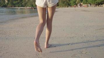 Rear view following shot on female barefoot legs strolling along a summer beach and ocean waves, young female body in swimwear, vacation holiday travelling, relaxing on weekend, tourism industry video