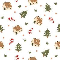 Christmas elements, tiny house, Christmas tree, candy, seamless pattern, vector illustration