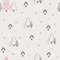 Christmas trees - snowflakes - tiny house on the warm background color, seamless pattern, vector illustration.