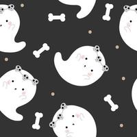 Cute Halloween pattern, white ghosts with bones and skulls on dark background. vector