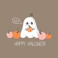 Cute ghost spirit holding little pumpkin. Happy Halloween with scary white ghosts. Cute cartoon spooky character. Flat design vector illustration