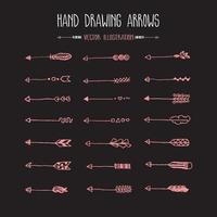 Sets of 21 Hand drawing arrows. Pink arrows on black background, vector illustration.