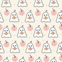 Halloween cute pattern, ghost holding little pumpkin. Vector illustration, flat cartoon illustration. Objects isolated on a orange background.