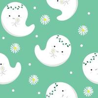 Cute Halloween pattern, white ghosts with daisy flowers on mint green background. vector