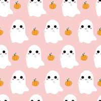Cute white Halloween ghost with pumpkin, seamless pattern vector illustration.