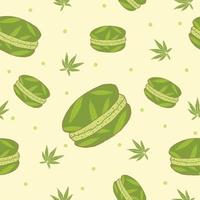 Marijuana cannabis macaron sweets menu with green leaves, made of cannabis as ingredients. Seamless pattern vector illustration.