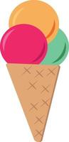 helado en un cono de galleta. tres bolas multicolores. elemento único en estilo plano. postre dulce vector