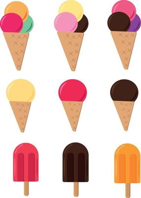ice cream in a waffle cone and on a stick. set of elements in flat style. sweet dessert icons