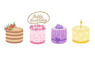 Birthday cake set. Illustration for printing, backgrounds, covers, packaging, greeting cards, posters, stickers, textile and seasonal design. Isolated on white background. vector