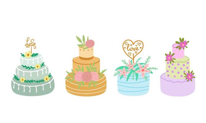 cake for wedding set, delicious desserts, birthday cake set. Illustration for printing, background, packaging, greeting card, posters, textile and seasonal design. Isolated on white background.