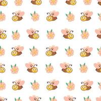 Cute bee and flower seamless pattern. Illustration for printing, backgrounds, covers, packaging, greeting cards, posters, stickers, textile and seasonal design. Isolated on white background.
