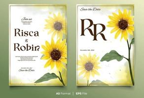 plantilla de invitación de boda de acuarela con adorno de flor de sol amarillo vector