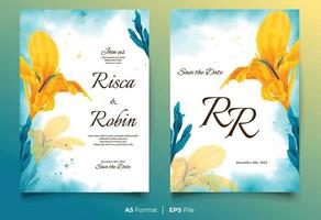 Watercolor wedding invitation template with yellow and blue flower ornament vector