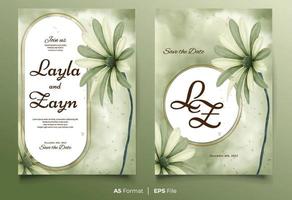 Watercolor wedding invitation template with green flower ornament vector