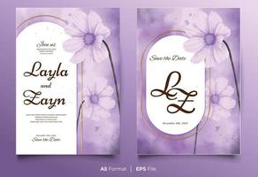 Watercolor wedding invitation template with purple flower ornament