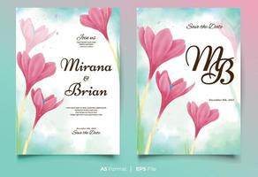 Watercolor wedding invitation template with pink flower ornament vector