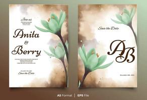 Watercolor wedding invitation template with green flower ornament vector