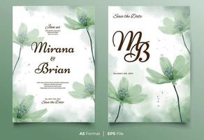 Watercolor wedding invitation template with green flower ornament