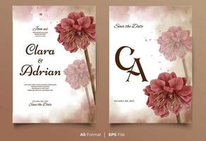 plantilla de invitación de boda de acuarela con adorno de flor roja vector