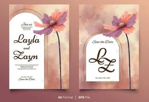 Watercolor wedding invitation template with purple and orange flower ornament