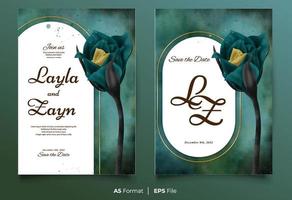 plantilla de invitación de boda de acuarela con adorno de flores verdes y amarillas vector