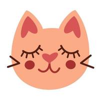 Vector illustration of a cute cat face. Pink muzzle of a cat with closed eyes and a smile. Hand-drawn romantic cat, flat style. Isolated icon on white background.