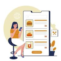 woman ordering food online via apps vector