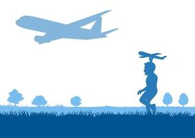 silhouette design of boy play model plane following real plane vector