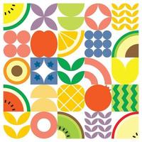 cartel geométrico de verano con frutas frescas cortadas con formas simples y coloridas. diseño de patrón de vector abstracto plano de estilo escandinavo. ilustración minimalista de frutas y hojas sobre fondo blanco.