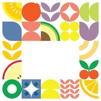 Geometric summer fresh fruit cut artwork poster with colorful simple shapes. Scandinavian styled flat abstract vector pattern design. Minimalist illustration of fruits and leaves on white background.