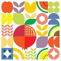 Geometric summer fresh fruit artwork poster with colorful simple shapes. Flat abstract vector pattern design in Scandinavian style. Minimalist illustration of a red pomegranate on a white background.