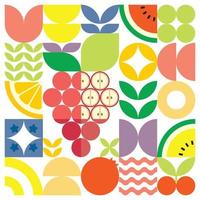 cartel geométrico de verano con frutas frescas cortadas con formas simples y coloridas. diseño de patrón de vector abstracto plano de estilo escandinavo. ilustración minimalista de uvas rojas sobre un fondo blanco.